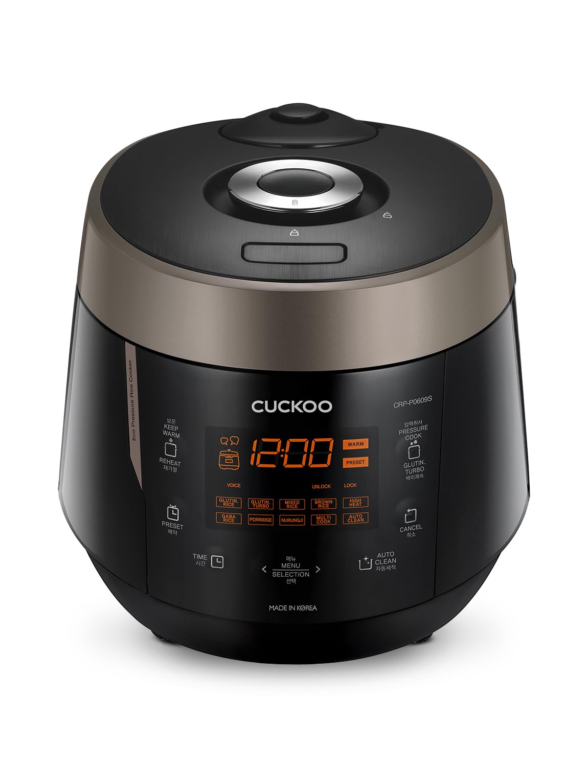 CUCKOO high-pressure rice cooker front view in sleek black finish for everyday family meals