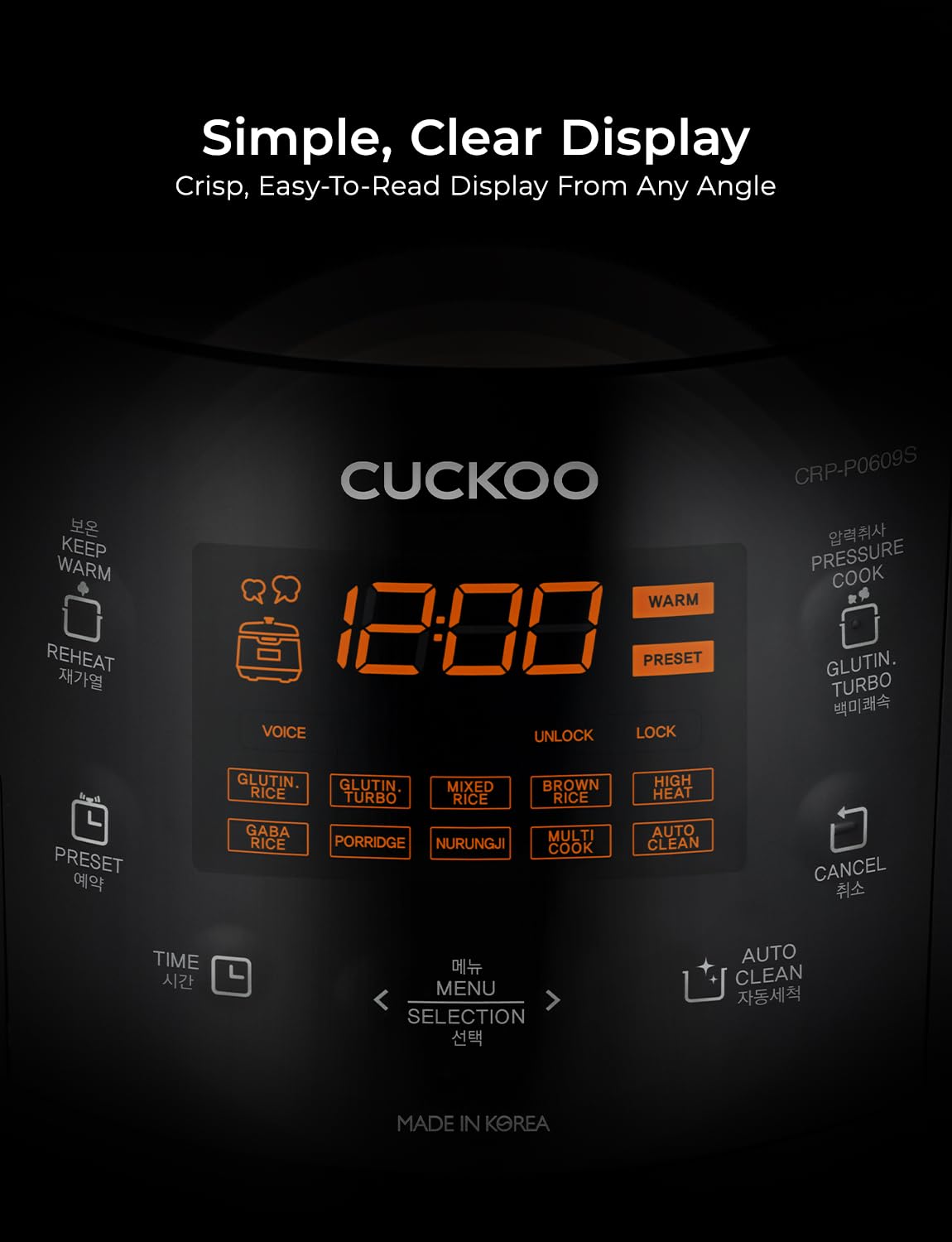 CUCKOO fuzzy logic and voice guide keep you informed during cooking
