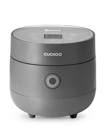 CUCKOO Micom Rice Cooker exterior in gray with compact design for small kitchens.