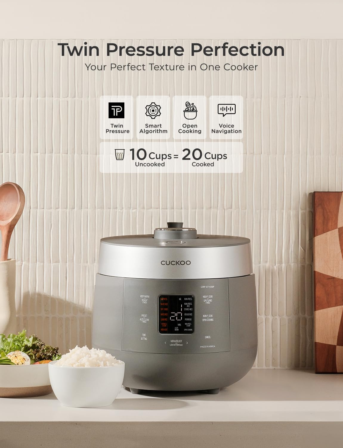 CUCKOO Twin Pressure Rice Cooker digital panel, shows easy mode selection.