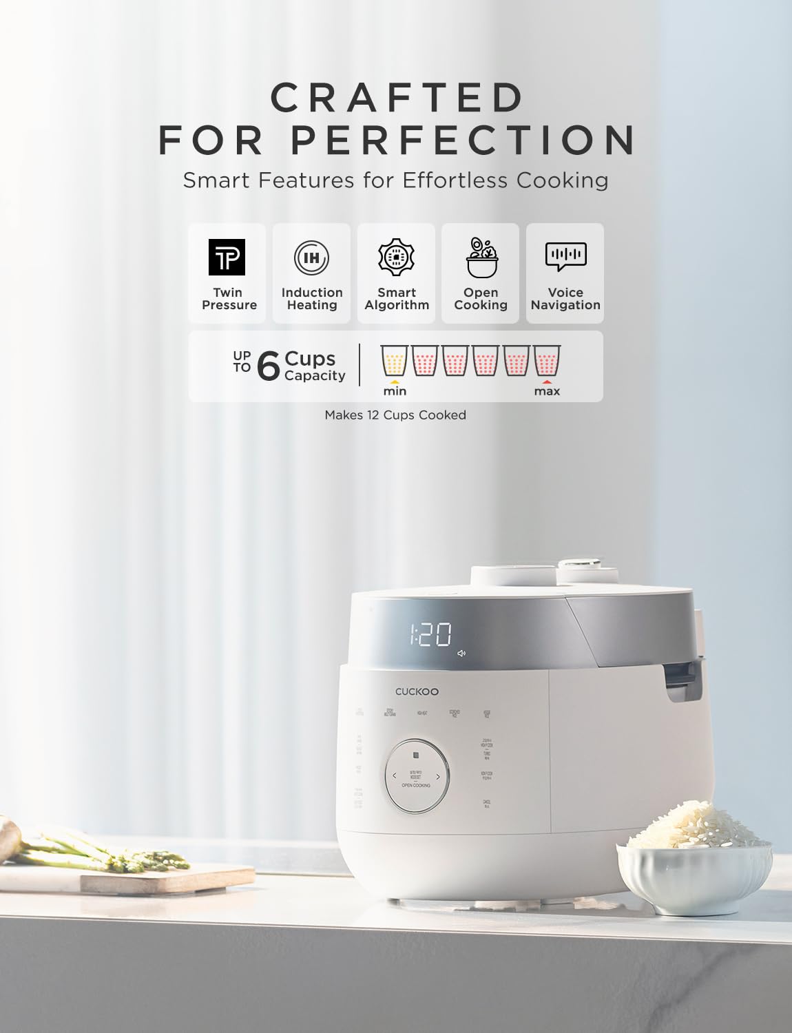 CUCKOO inner pot detail shows induction heating for quick, even cooking