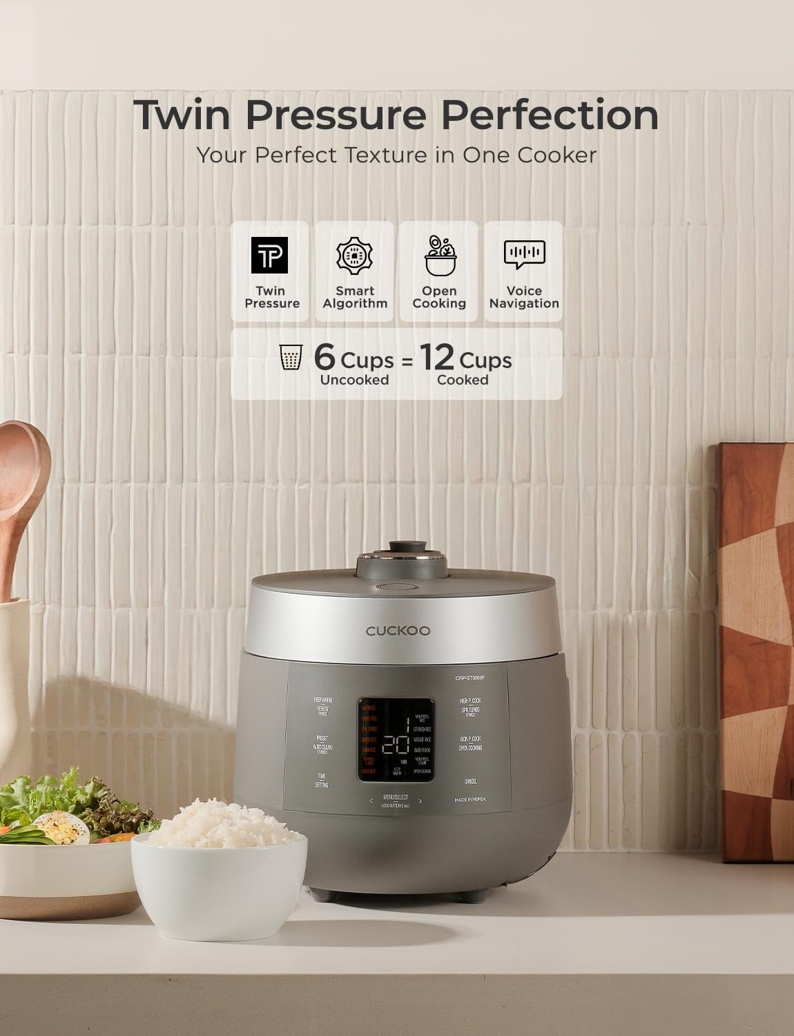 CUCKOO Twin Pressure Rice Cooker with uncooked rice ready for diverse grains