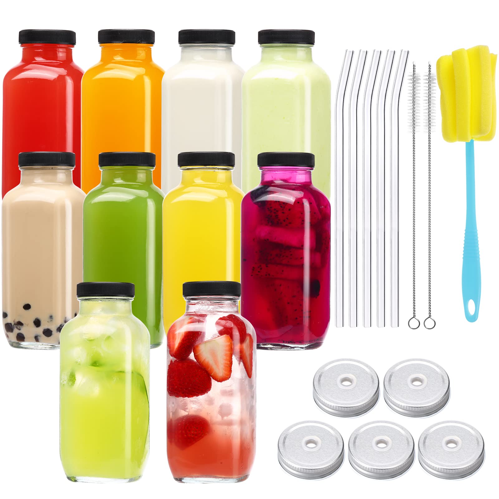 CUCUMI 10pc 16oz glass bottles with lids, reusable for everyday beverages