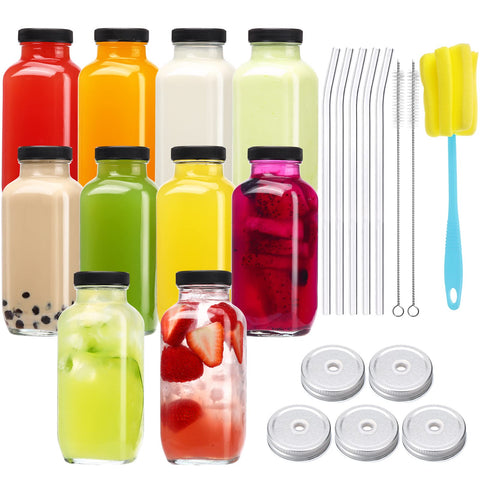 CUCUMI 10pc 16oz glass bottles with lids, reusable for everyday beverages