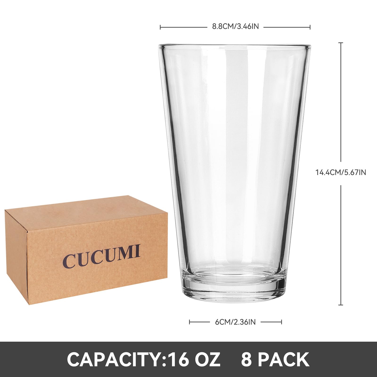 CUCUMI 8pc beer pint glasses, curved mouth, enhances aroma capture.