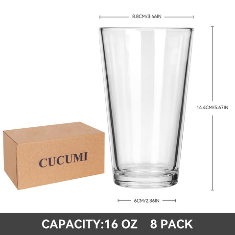 CUCUMI 8pc beer pint glasses, curved mouth, enhances aroma capture.