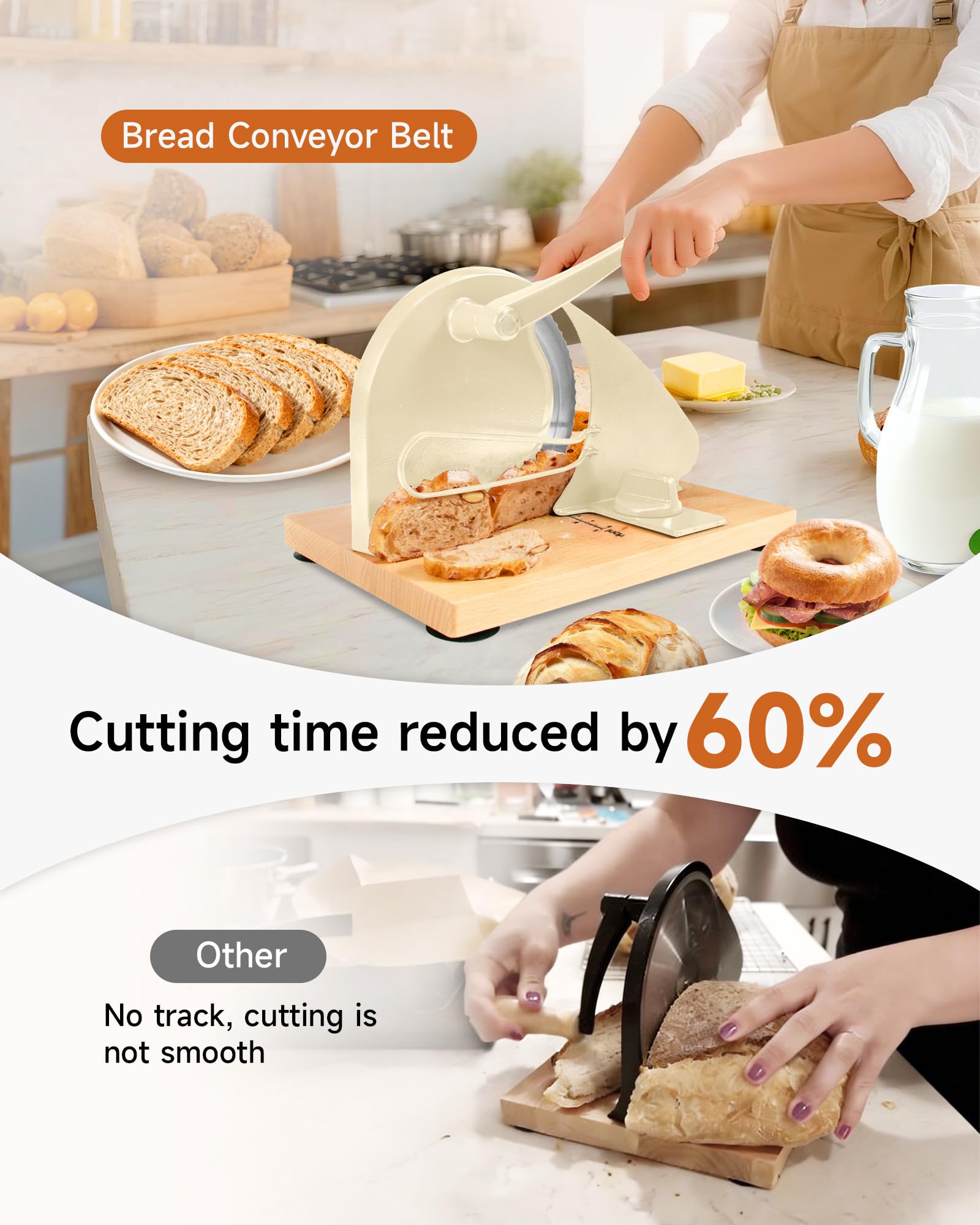 Cudnt hand crank bread slicer showing scale line for precise thickness.