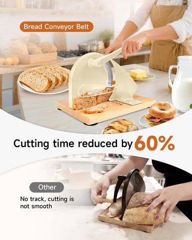 Cudnt hand crank bread slicer showing scale line for precise thickness.