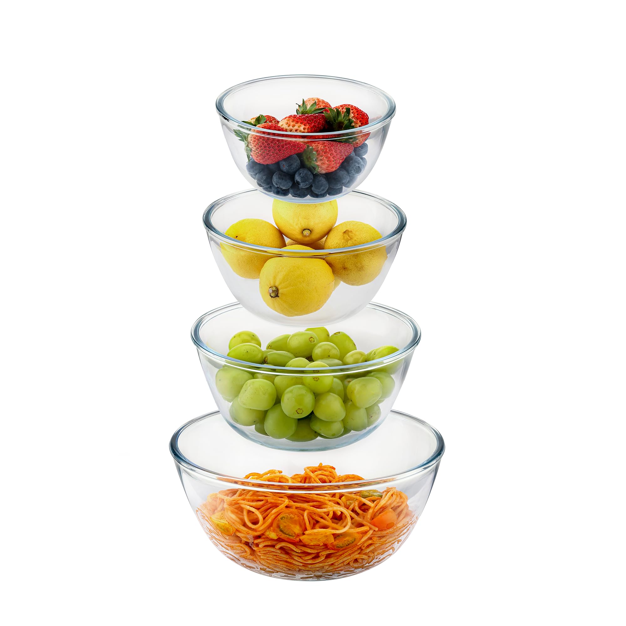 Cuiselect glass mixing bowls stacked for compact storage and quick access.