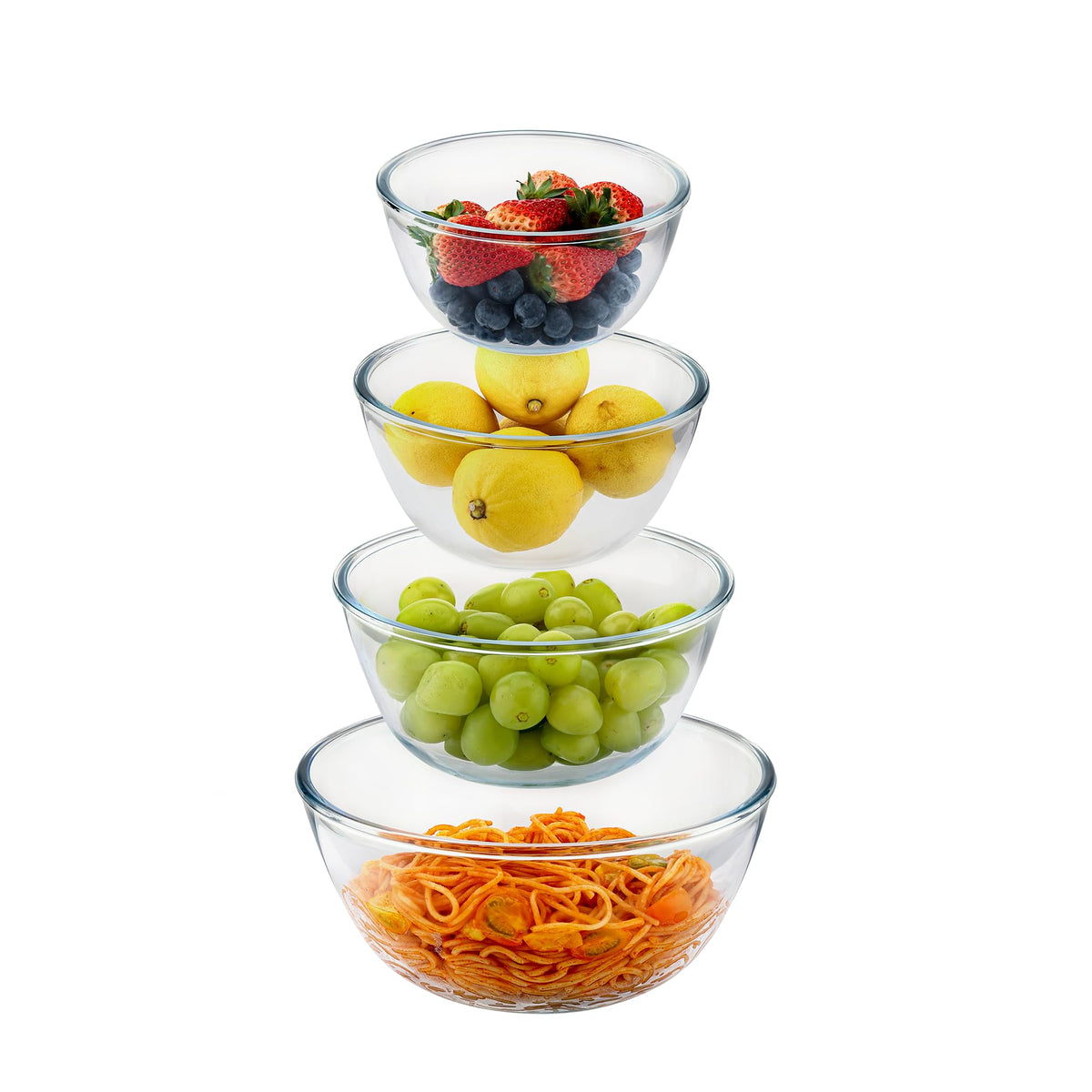 Cuiselect glass mixing bowls stacked for compact storage and quick access.