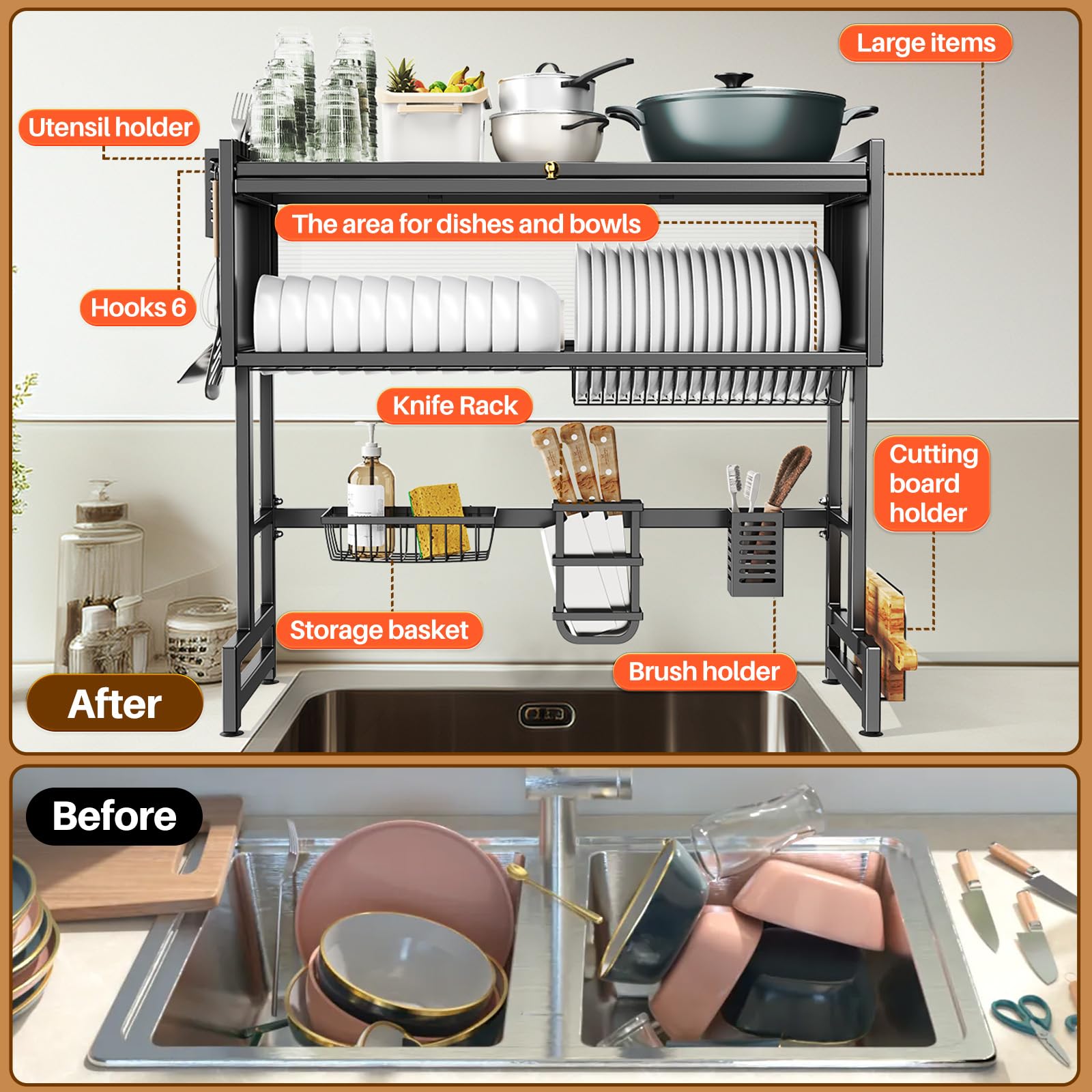 CUISIBOT dish drying rack with knife rack keeps blades safe and within reach.