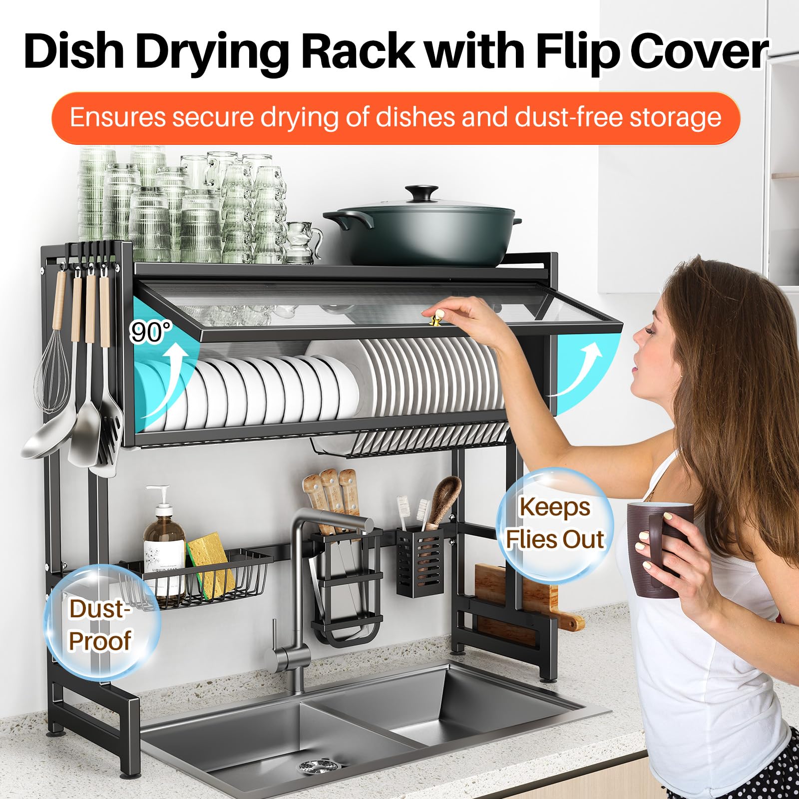 CUISIBOT dish drying rack with storage basket offers extra organization for utensils and small items.
