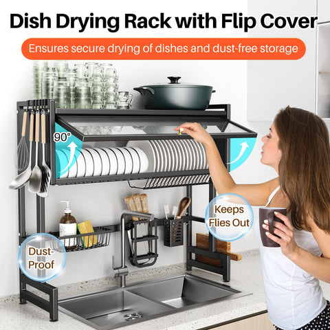 CUISIBOT dish drying rack with storage basket offers extra organization for utensils and small items.