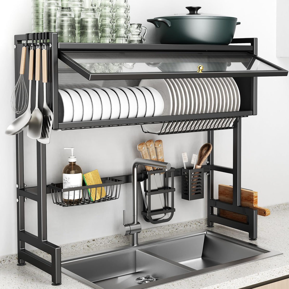 CUISIBOT over-sink dish drying rack 3-tier with cover keeps dishes organized and dust-free.