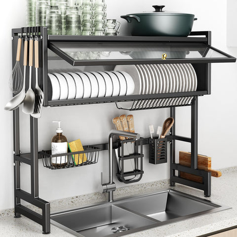 CUISIBOT over-sink dish drying rack 3-tier with cover keeps dishes organized and dust-free.