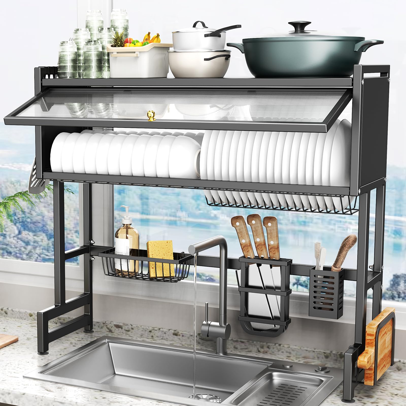 CUISIBOT stainless-steel drying rack with black coating resists rust for daily kitchen use.