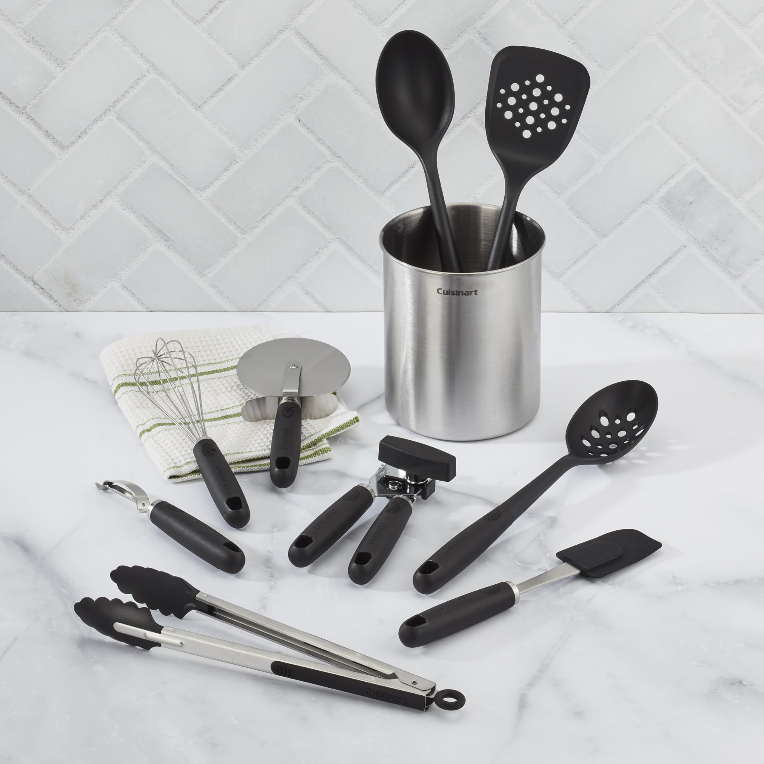 Cuisinart spatula and nylon tongs in action for versatile cooking tasks.