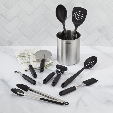 Cuisinart spatula and nylon tongs in action for versatile cooking tasks.
