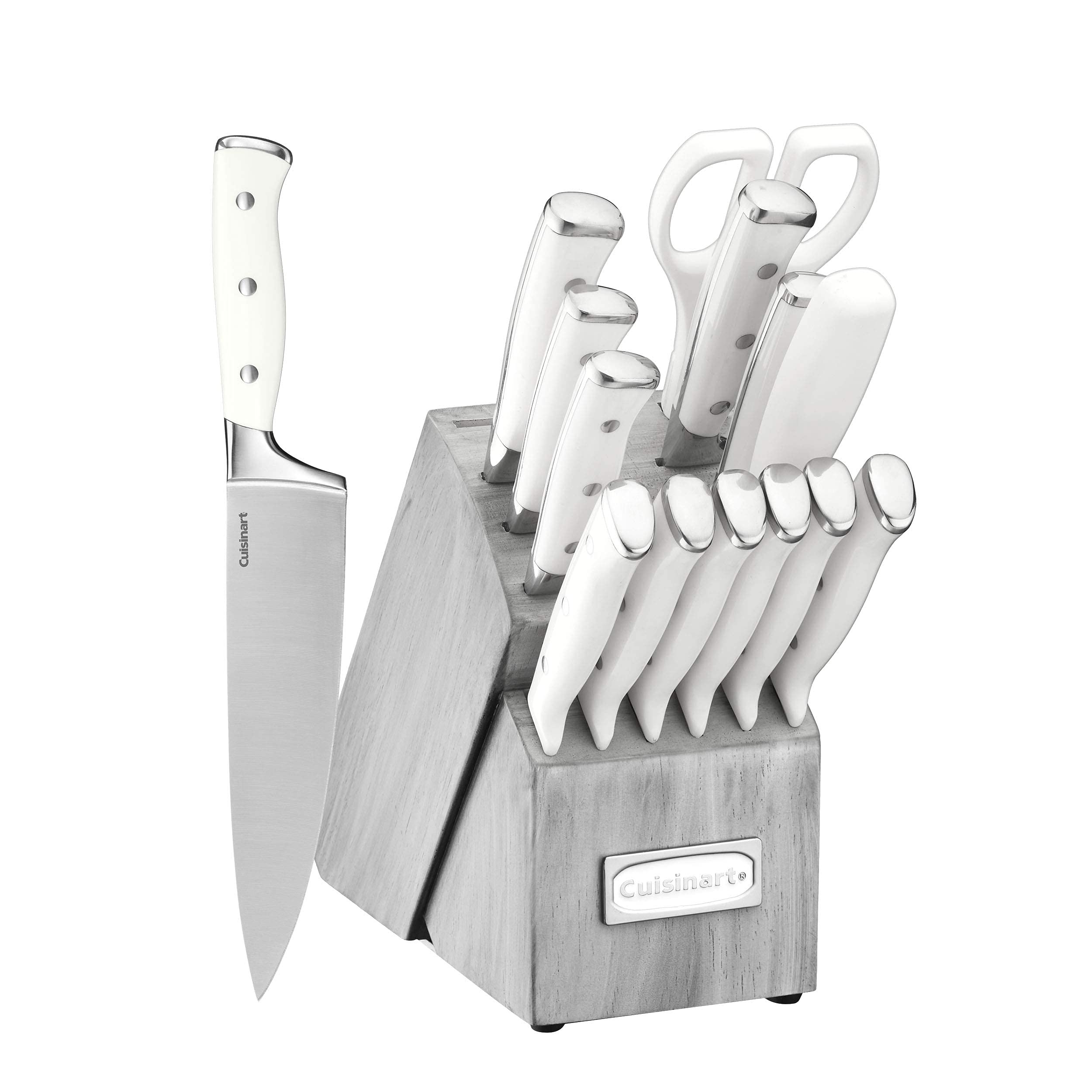 Cuisinart 15-piece knife set in block with forged blades for precise slicing.