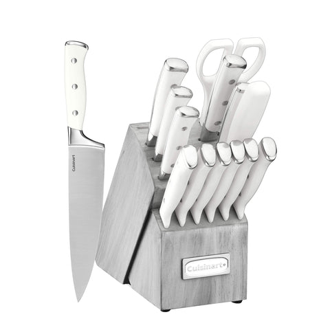 Cuisinart 15-piece knife set in block with forged blades for precise slicing.