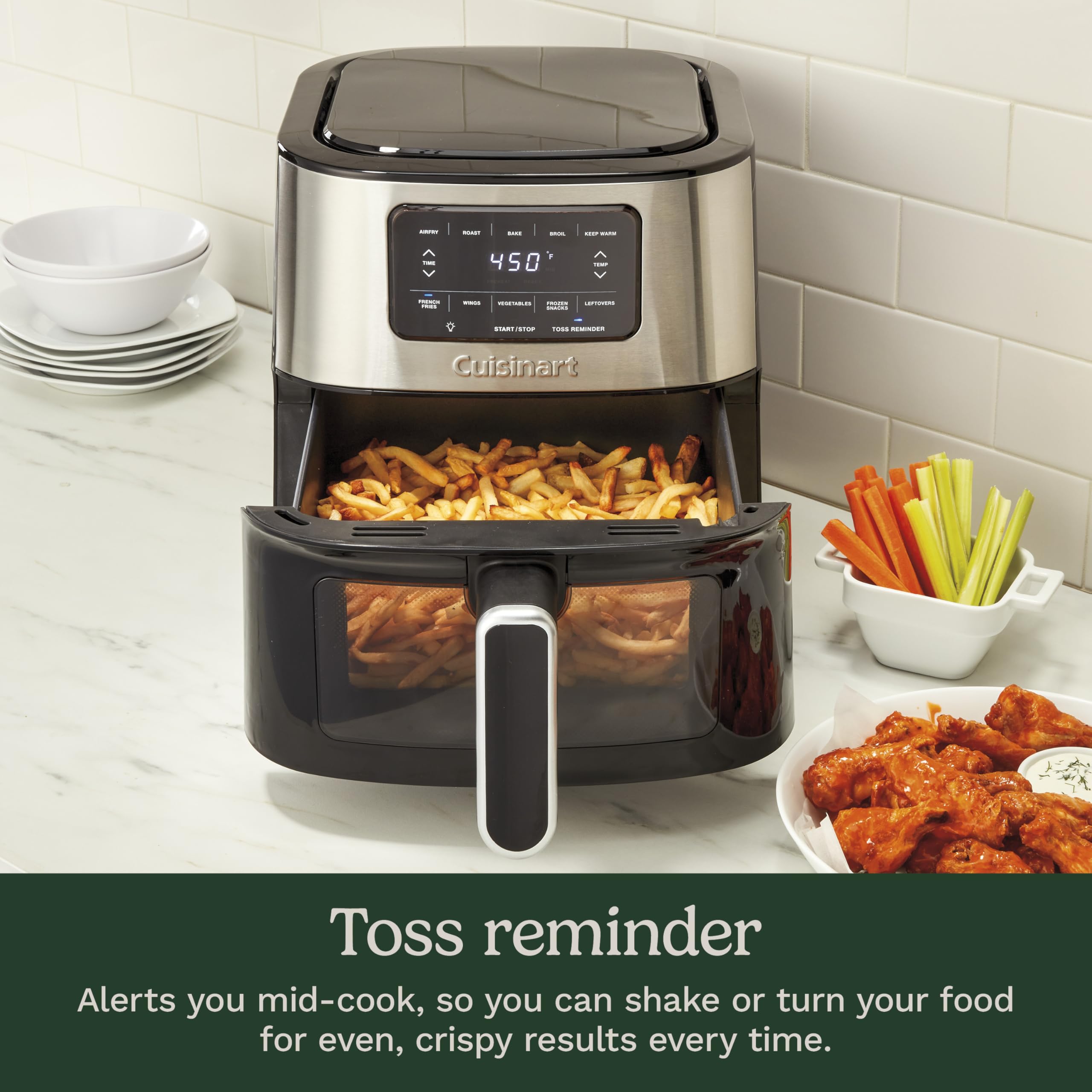 Cuisinart AIR-200NAS five presets help quickly cook fries, wings, and vegetables.