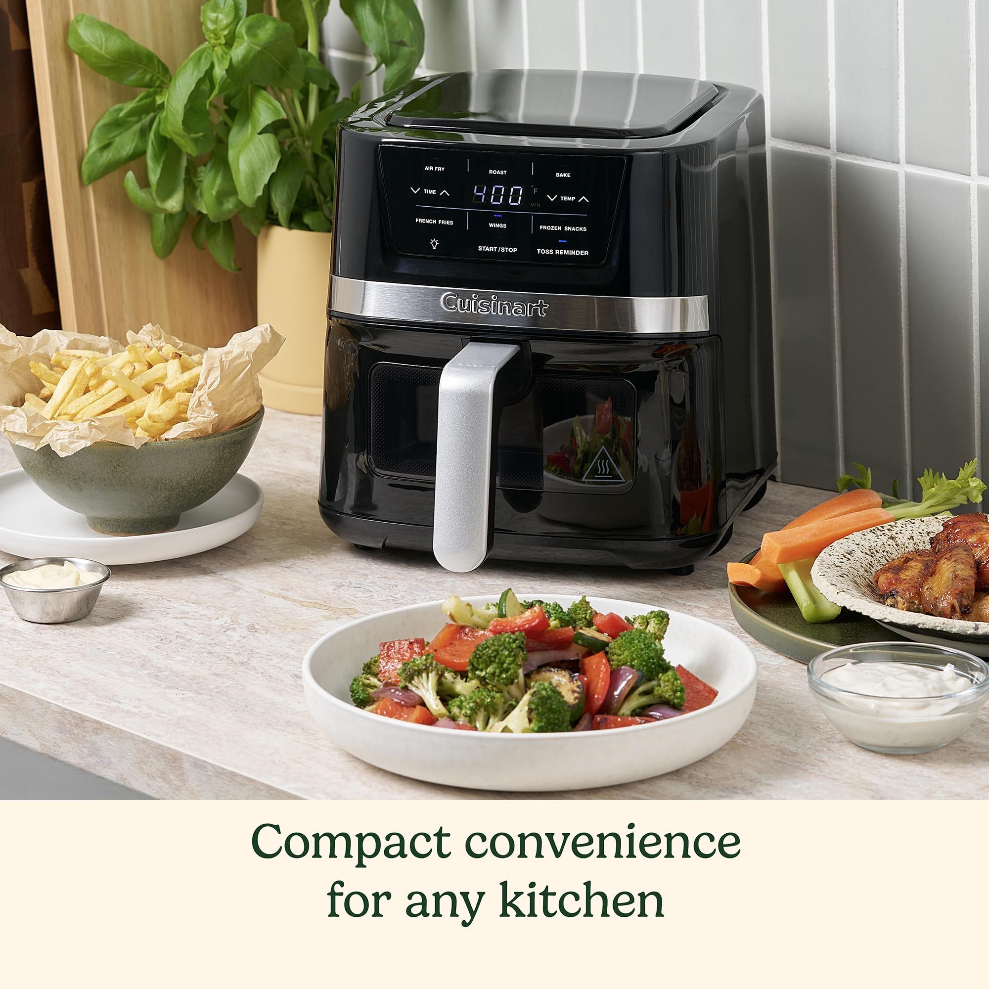Viewing window and toss reminder help perfect every batch of air fried foods.