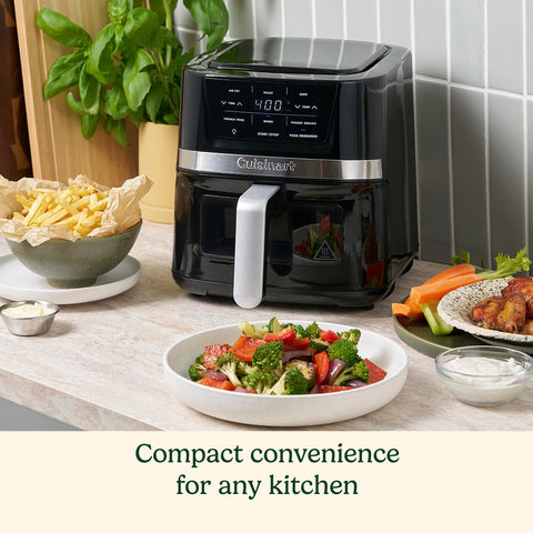 Viewing window and toss reminder help perfect every batch of air fried foods.