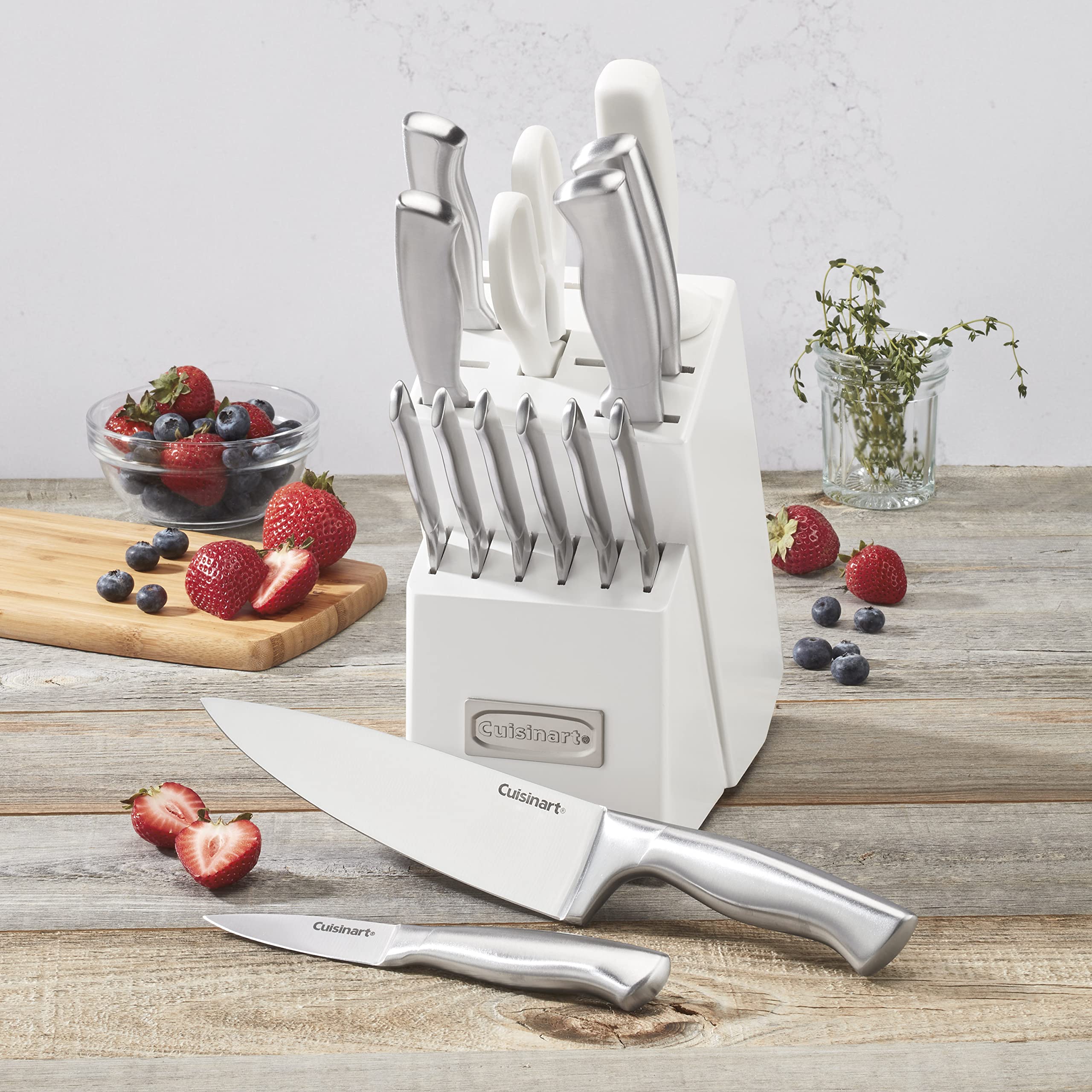 Cuisinart block with knives organized for easy access.