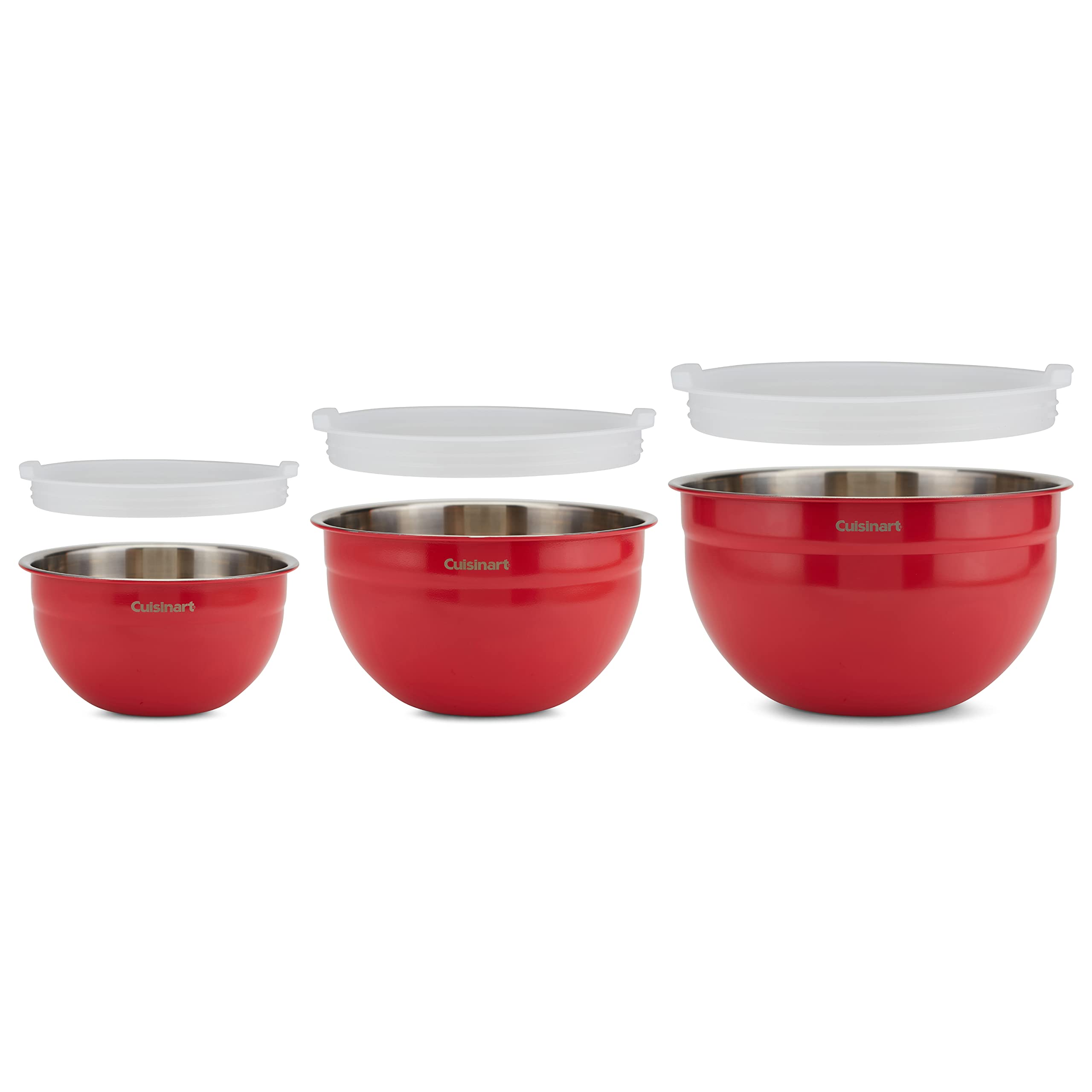 Cuisinart red bowls with lids close-up showing tight seal for freshness
