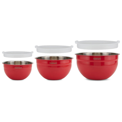 Cuisinart red bowls with lids close-up showing tight seal for freshness