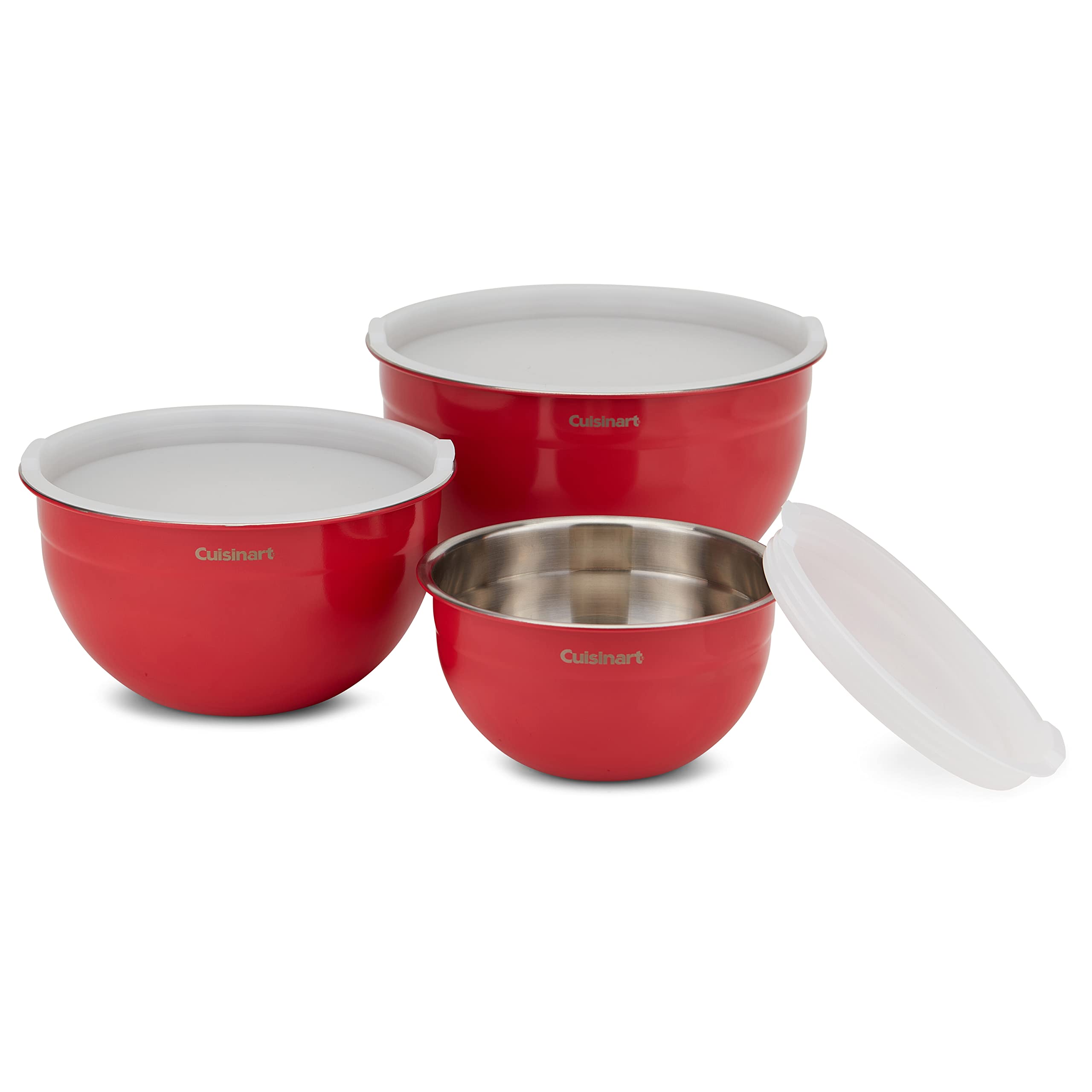 Cuisinart red set of three bowls with lids for versatile prep and storage