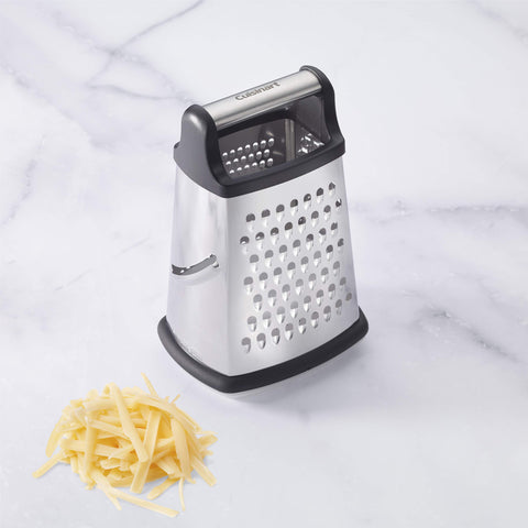 Cuisinart box grater with four surfaces shows versatility for shredding and slicing.