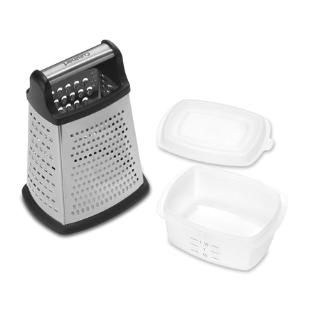 Cuisinart box grater with storage in silver keeps grated cheese organized and fresh.