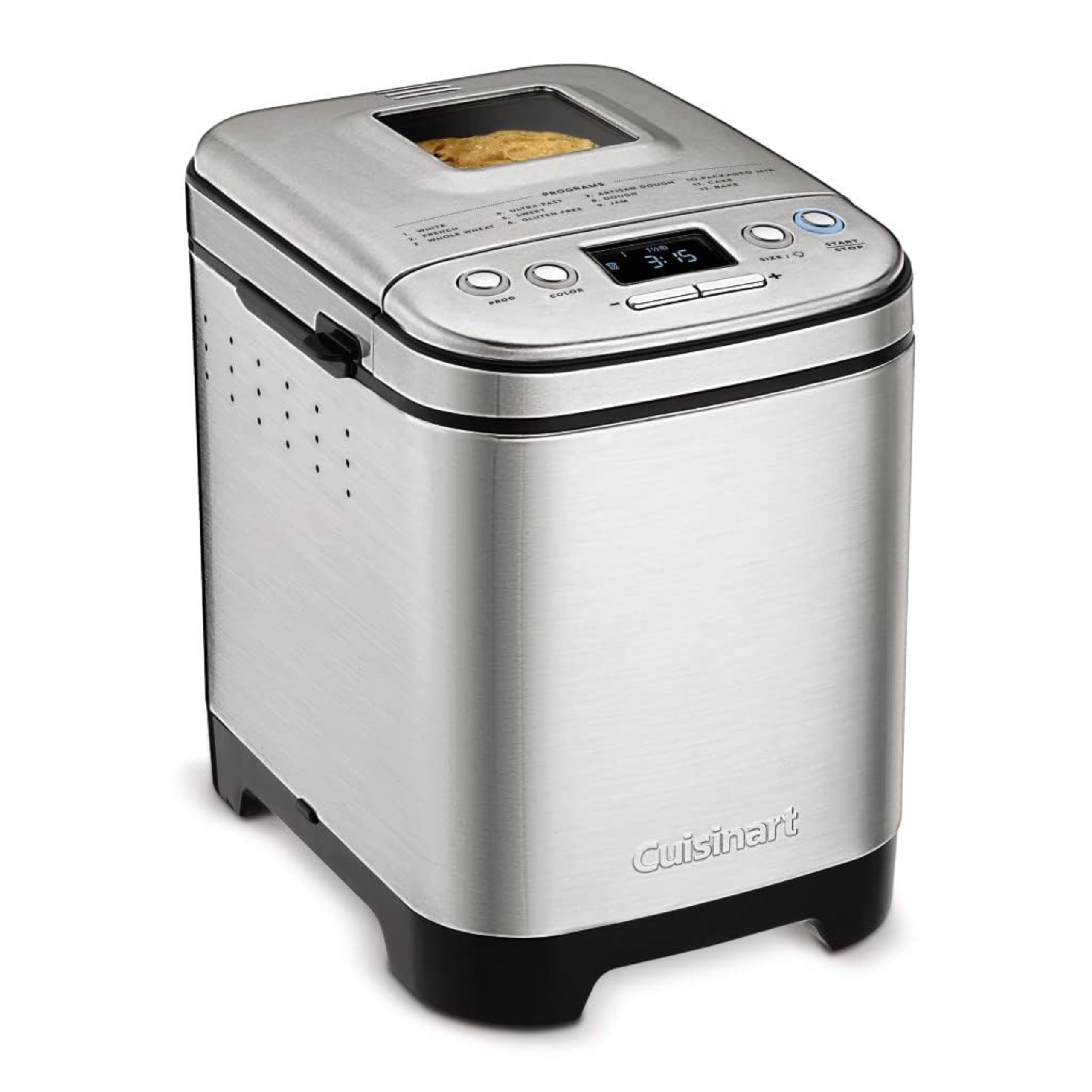 Cuisinart bread maker machine front view illustrates compact countertop presence for small kitchens.