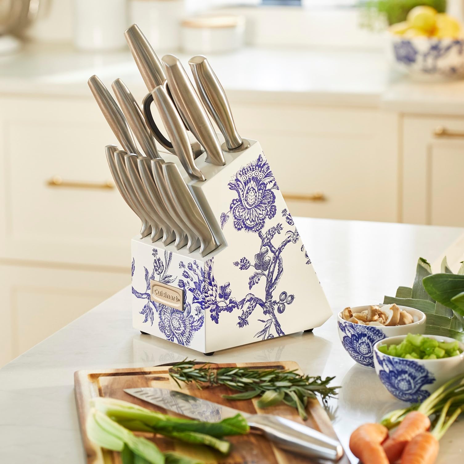 Cuisinart Caskata block with blue-on-white floral print for stylish countertop organization.