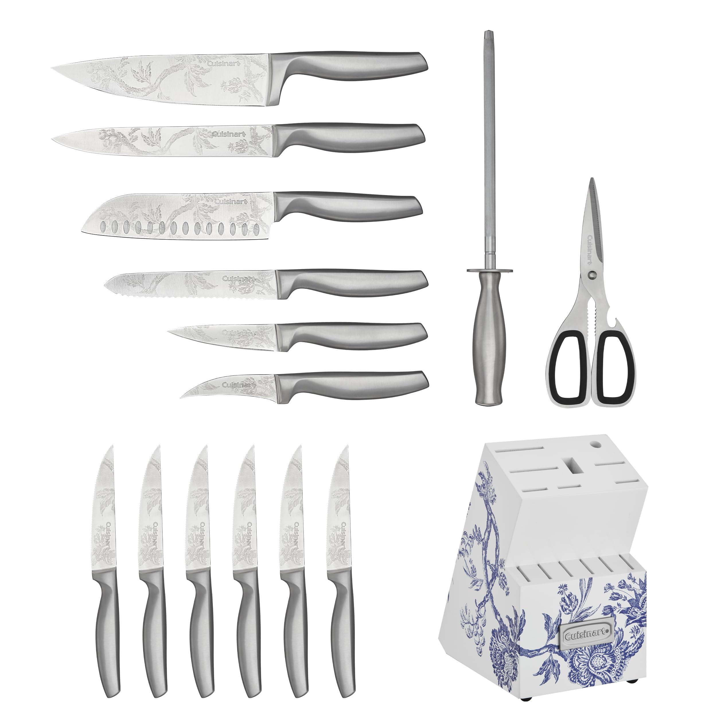 Cuisinart Caskata hollow-handle steak knives in block for easy carving.