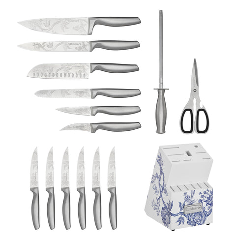 Cuisinart Caskata hollow-handle steak knives in block for easy carving.