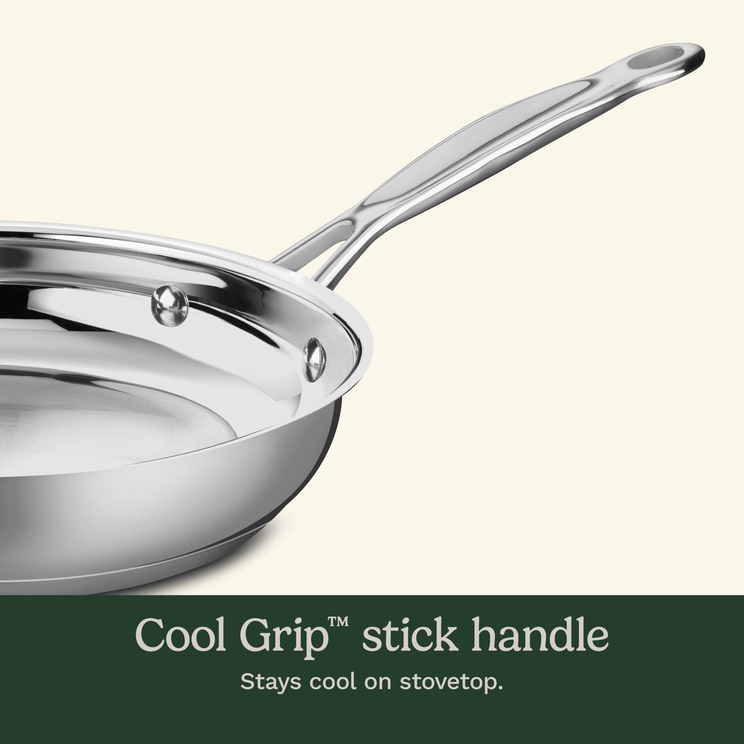 Cuisinart 10-Inch Skillet features cool-grip, riveted stainless handle for safe handling.