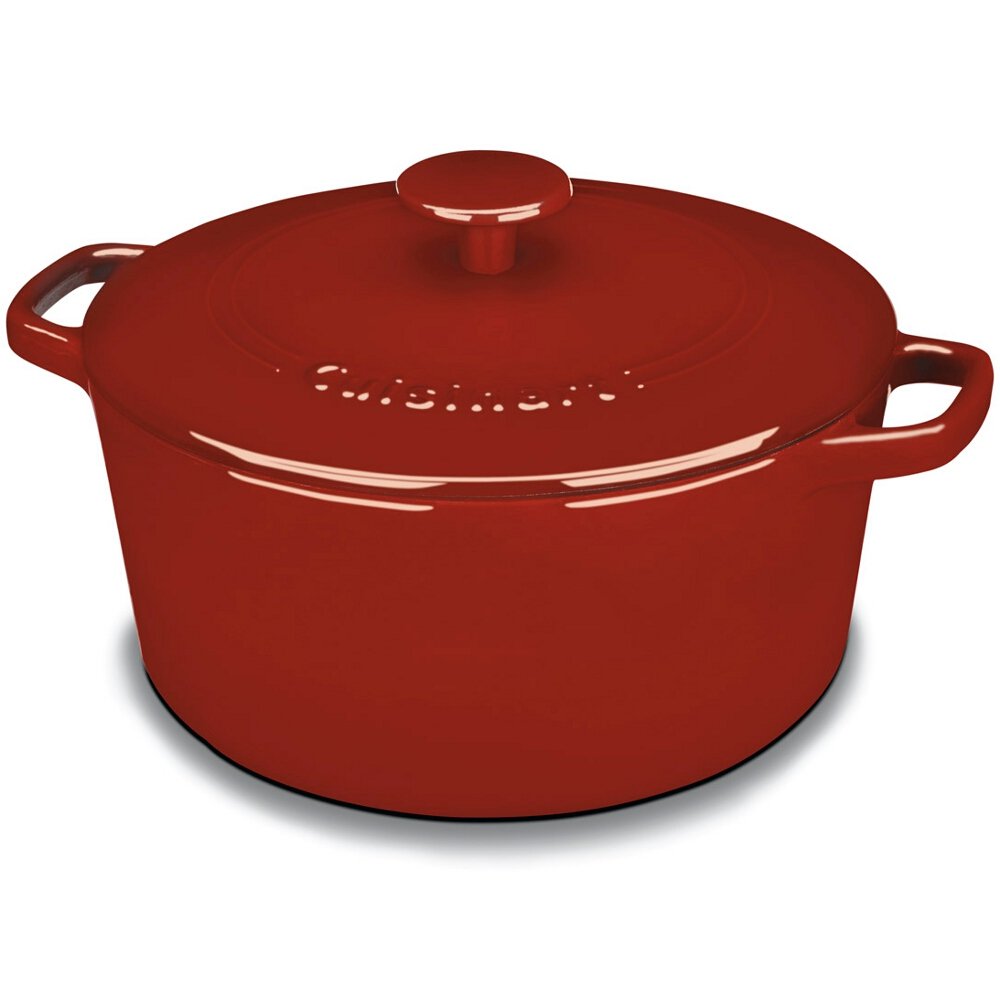 Cuisinart Chef's Classic enameled casserole on stove shows even heat distribution.