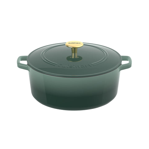Cuisinart Chef's Classic enameled cast iron casserole in seafoam green, ideal for even heating and entertaining