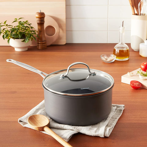 Cuisinart Chef's Classic 3-Quart saucepan with cool riveted handles for safe stovetop handling.