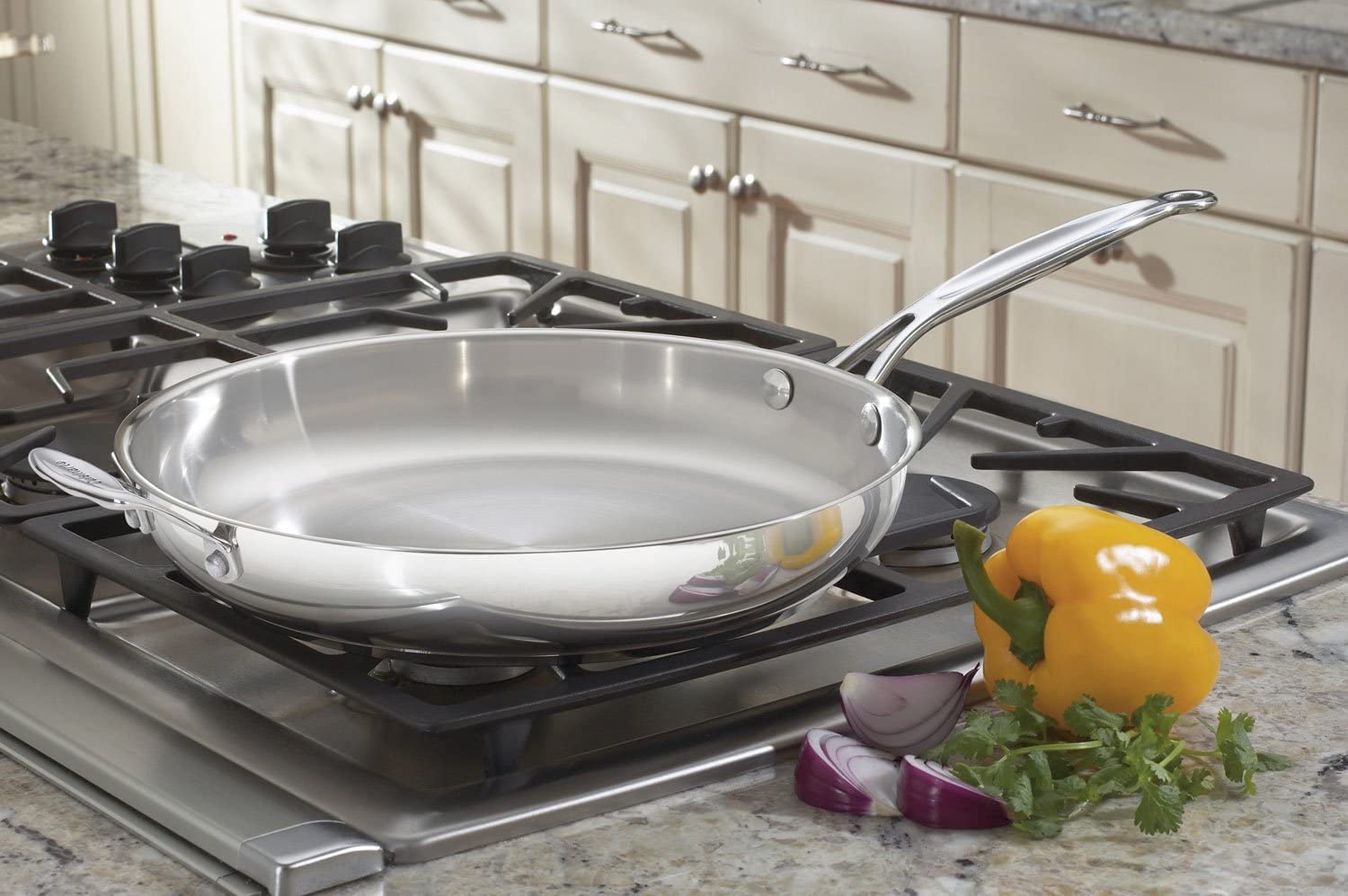 Cuisinart Chef's Classic stainless 12-inch skillet with helper handle for safe handling.