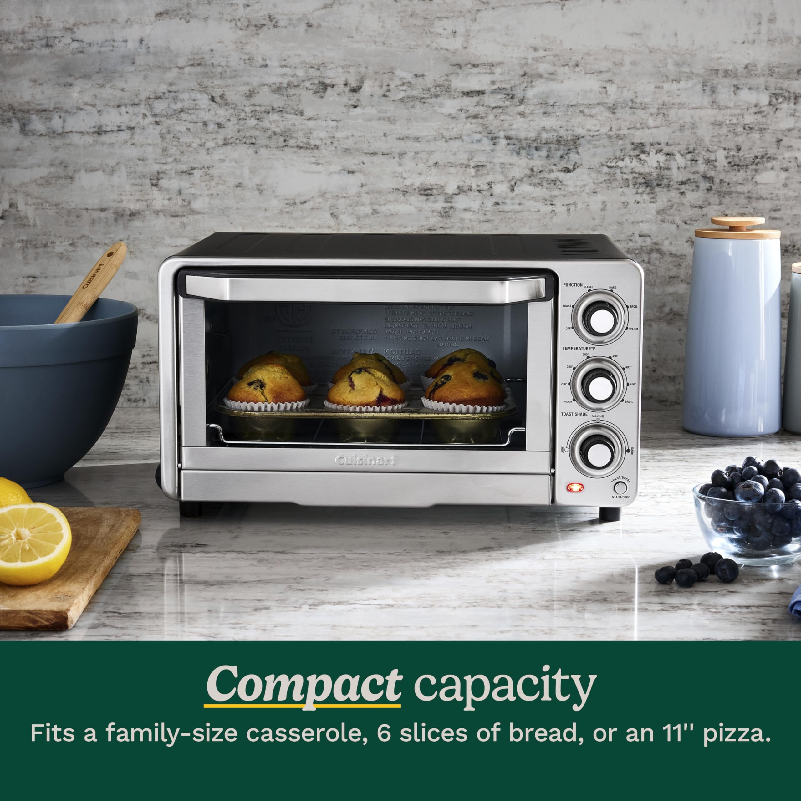 Cuisinart Custom Classic Toaster Oven Broiler easy-grip dial controls enable quick, precise settings for toast and bake.