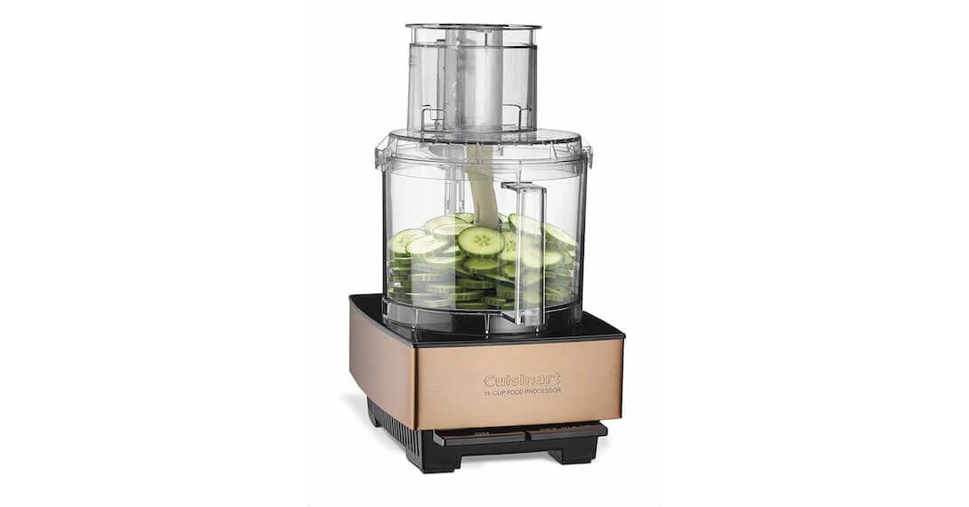 Cuisinart DFP-14CPY extra-large feed tube accepts whole produce for quick processing.