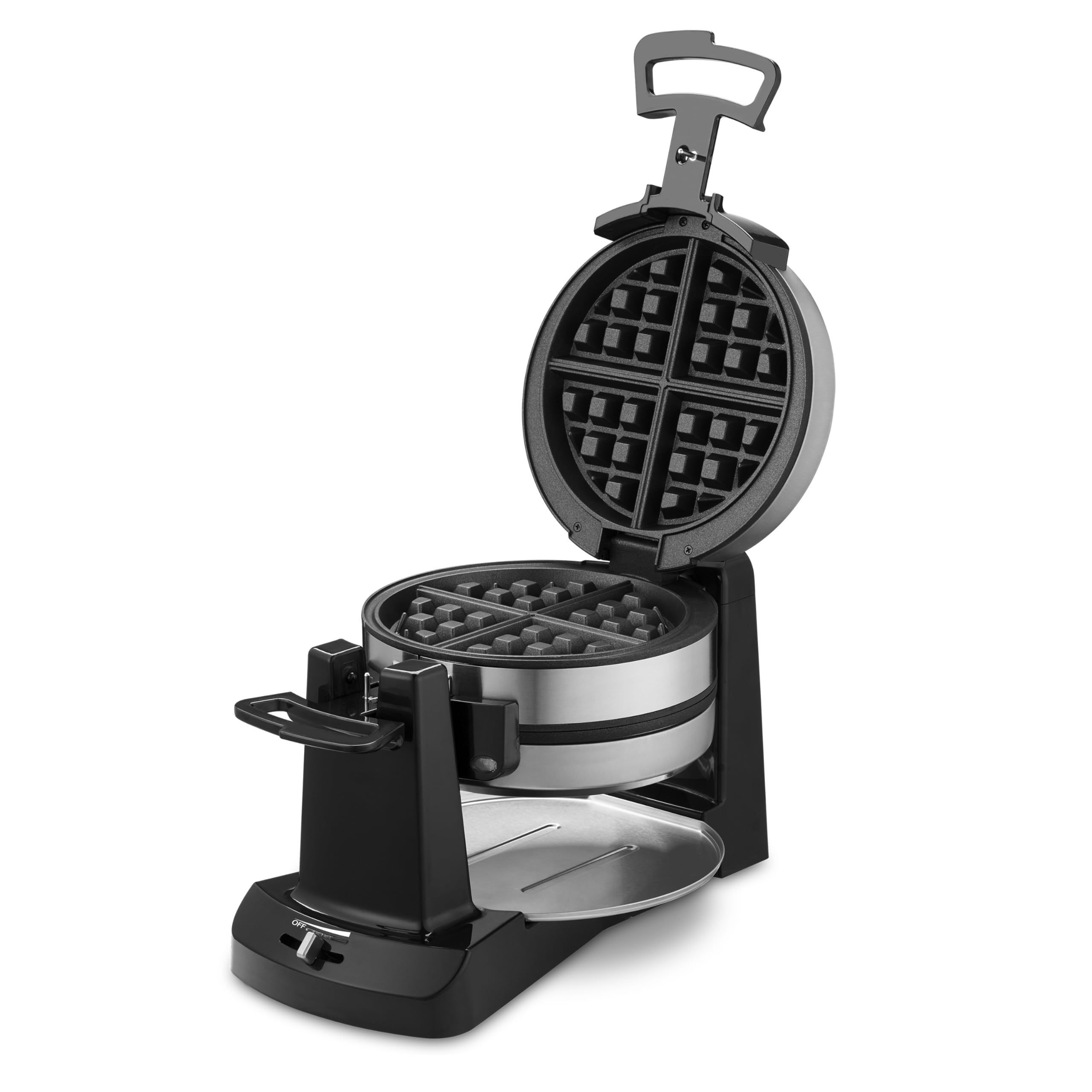 Cuisinart double-flip waffle maker front view in brushed stainless for a sleek kitchen upgrade.