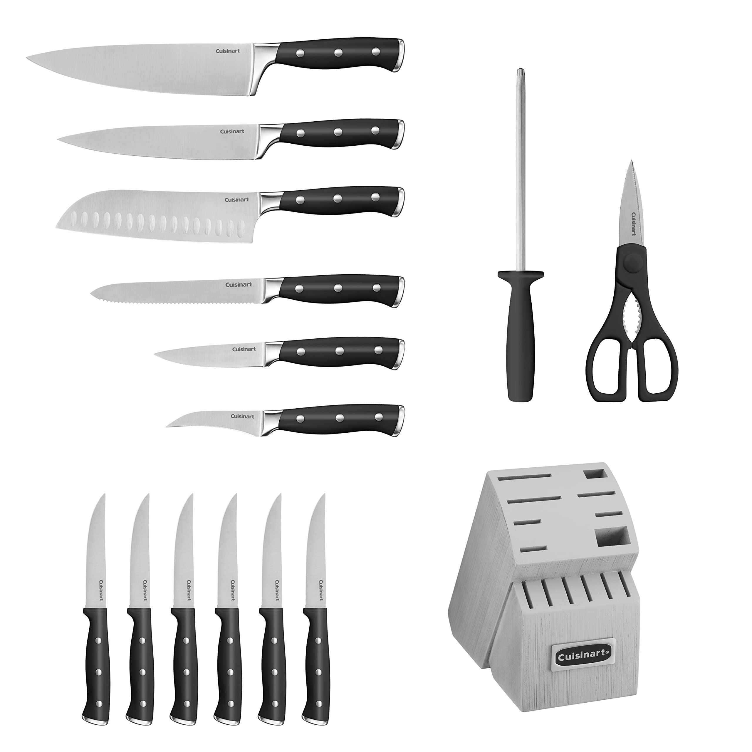 Cuisinart ergonomic handle full-tang design shows stable control during chopping.
