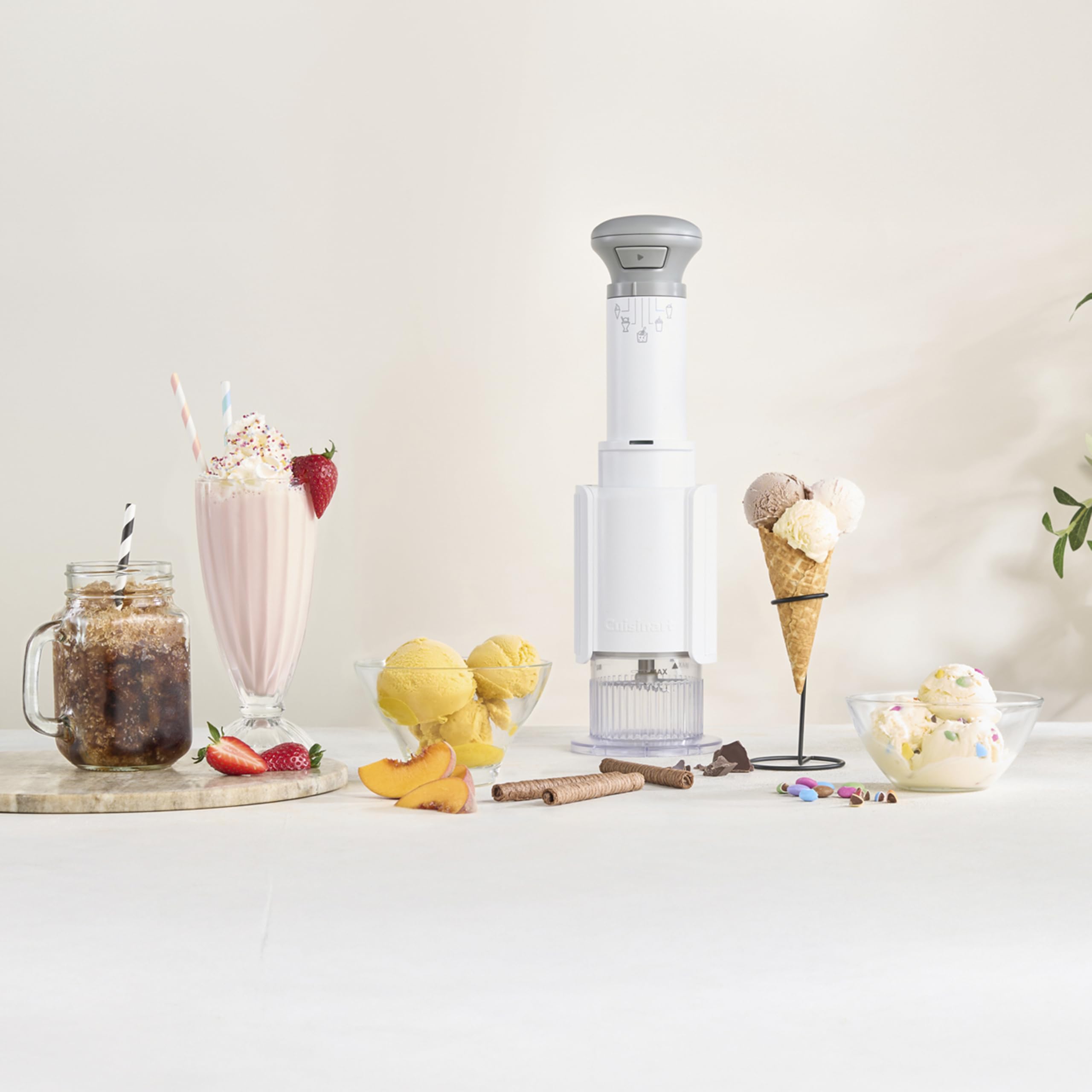 Compact Cuisinart FastFreeze unit on a counter showing space-saving design.