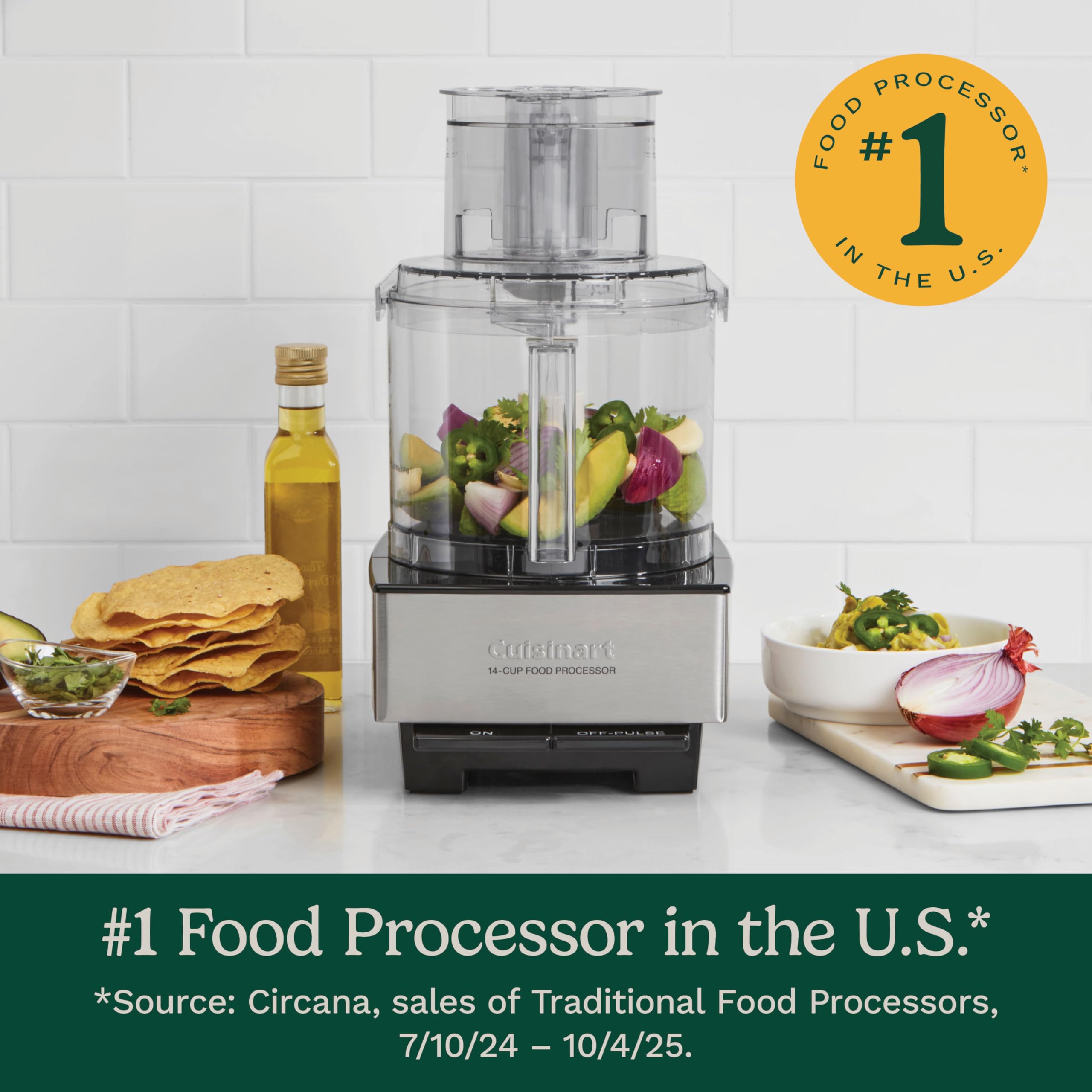 Cuisinart food processor showing a large input feed tube for whole fruits and vegetables.