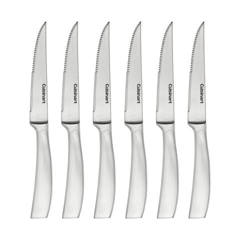 Cuisinart forged stainless steel premium steak knives blade close-up for precise slicing.