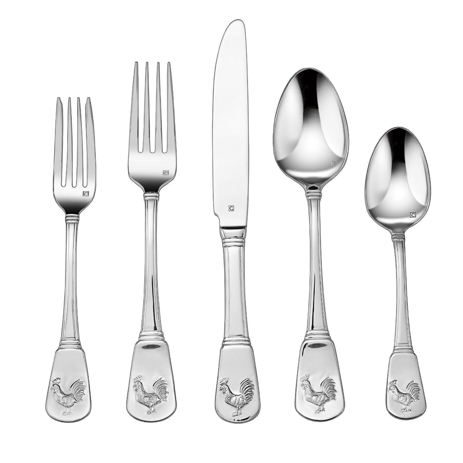 Cuisinart FR20 20-piece flatware set in French Rooster pattern, durable heavy-gauge stainless, dishwasher-safe.